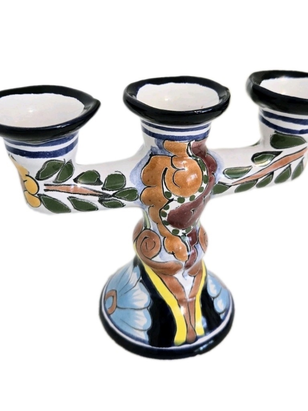 Vtg 3 Arm Talavera Candelabra Candlestick Holder Signed Lileagui Mexico